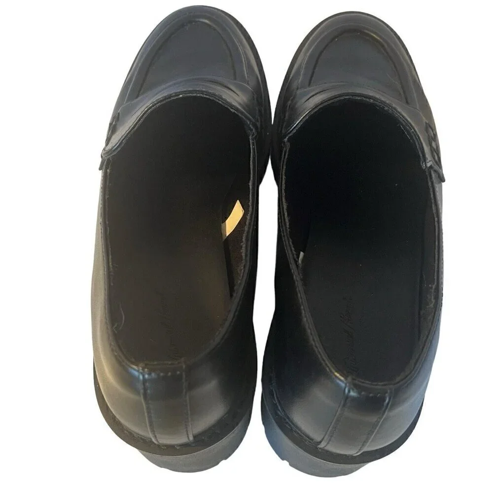 Womens 8.5 Chunky Platform Slip On Penny Loafer Black Faux Leather Lug Soles